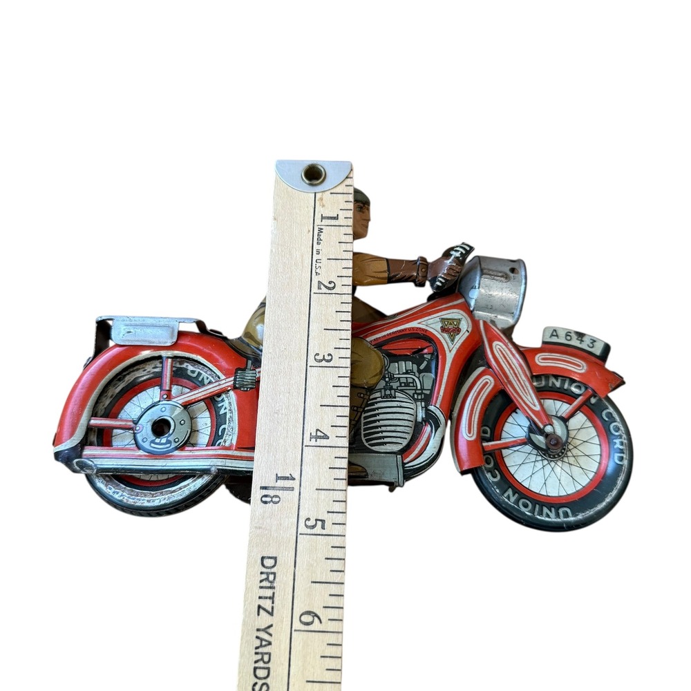 Vintage Arnold A643 Model Tin Toy Motorcycle with Rider Union Cord A643 GF207 - Picture 14 of 16